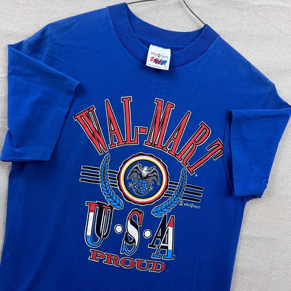 Wild Hare Walmart USA Proud T-Shirt Mens Large Blue Vintage 1991 Single Stitch